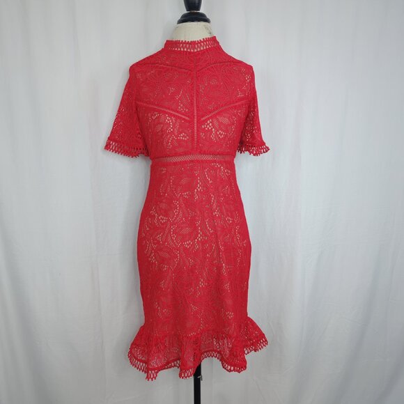 Bardot Lace Dress Medium Red Ruffle Mini - Picture 2 of 9